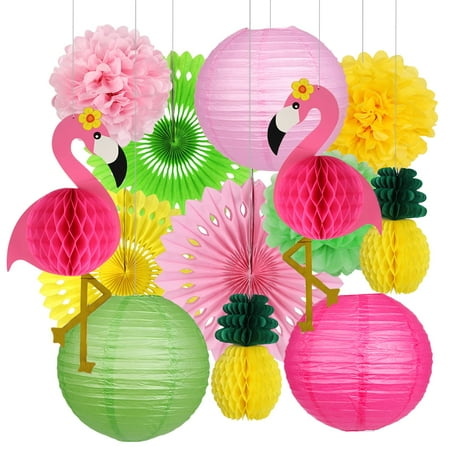 Flamingo Party Supplies, Hawaiian Party Decorations Flamingo and Pineapple Honeycomb Ball Paper Lanterns Paper Fans Pom poms Flowers for Birthday Luau Tropical Bachelorette Party