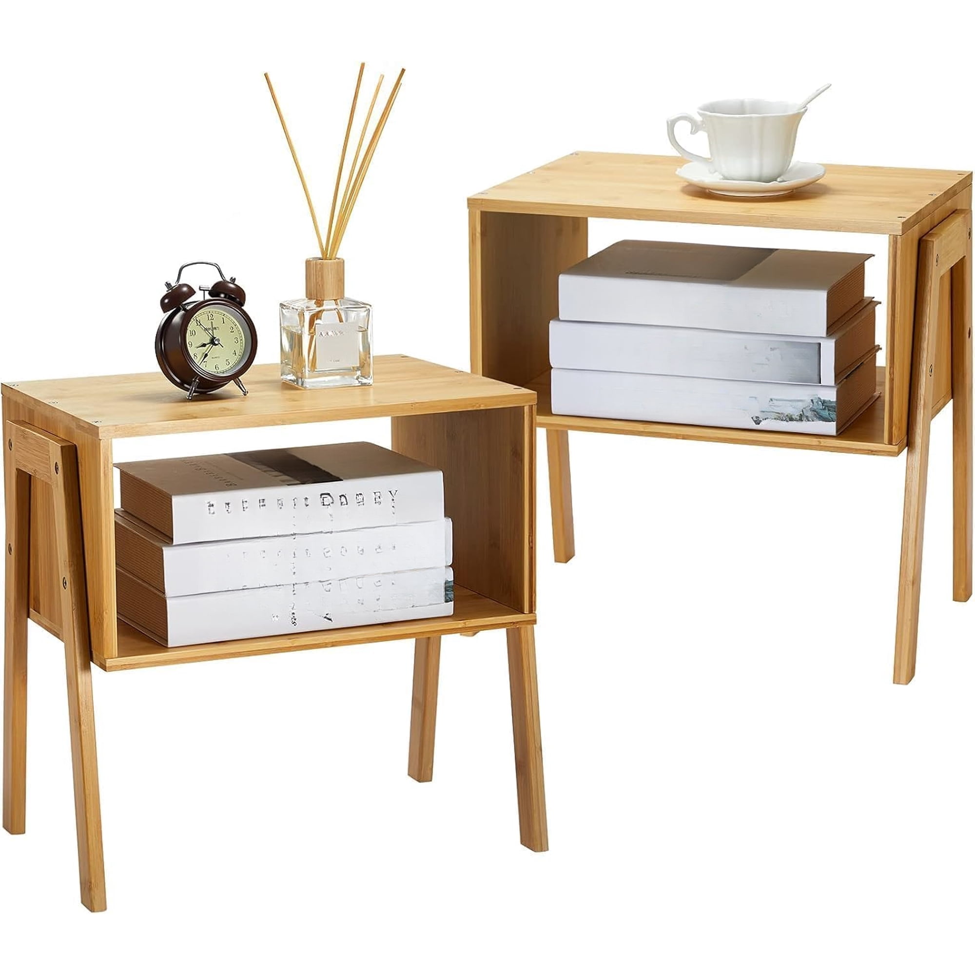 Nightstands Set of 2 Bamboo Stackable Bedside Table Night Stands with Storage Shelf Small Bed Side Tables 2-Tier End Table for Bedroom Dorm and Small Space Storage (Natural)