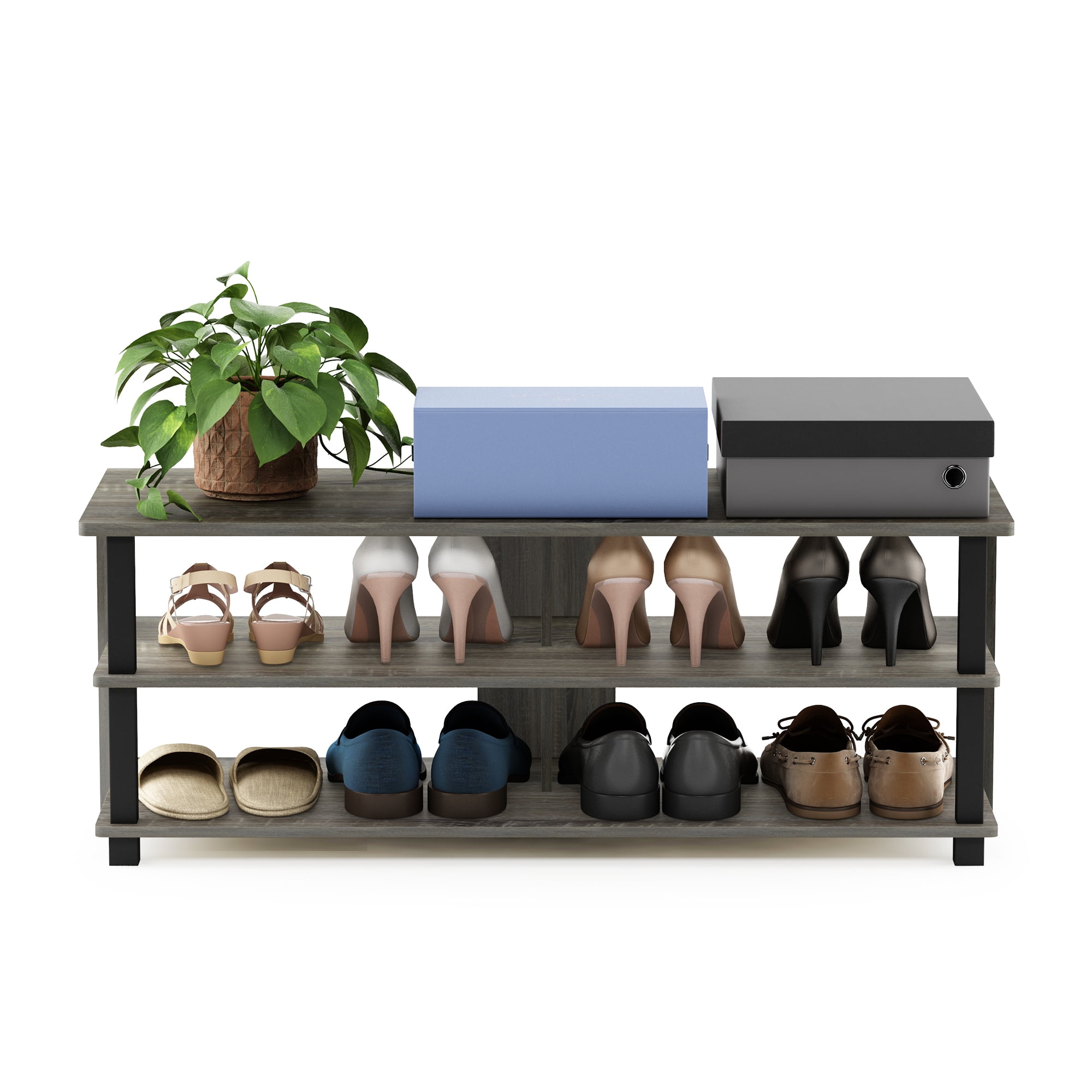 Furinno Turn-N-Tube 3-Tier Compact Open Storage Shoe Rack for Closet Entryway, French Oak/Black