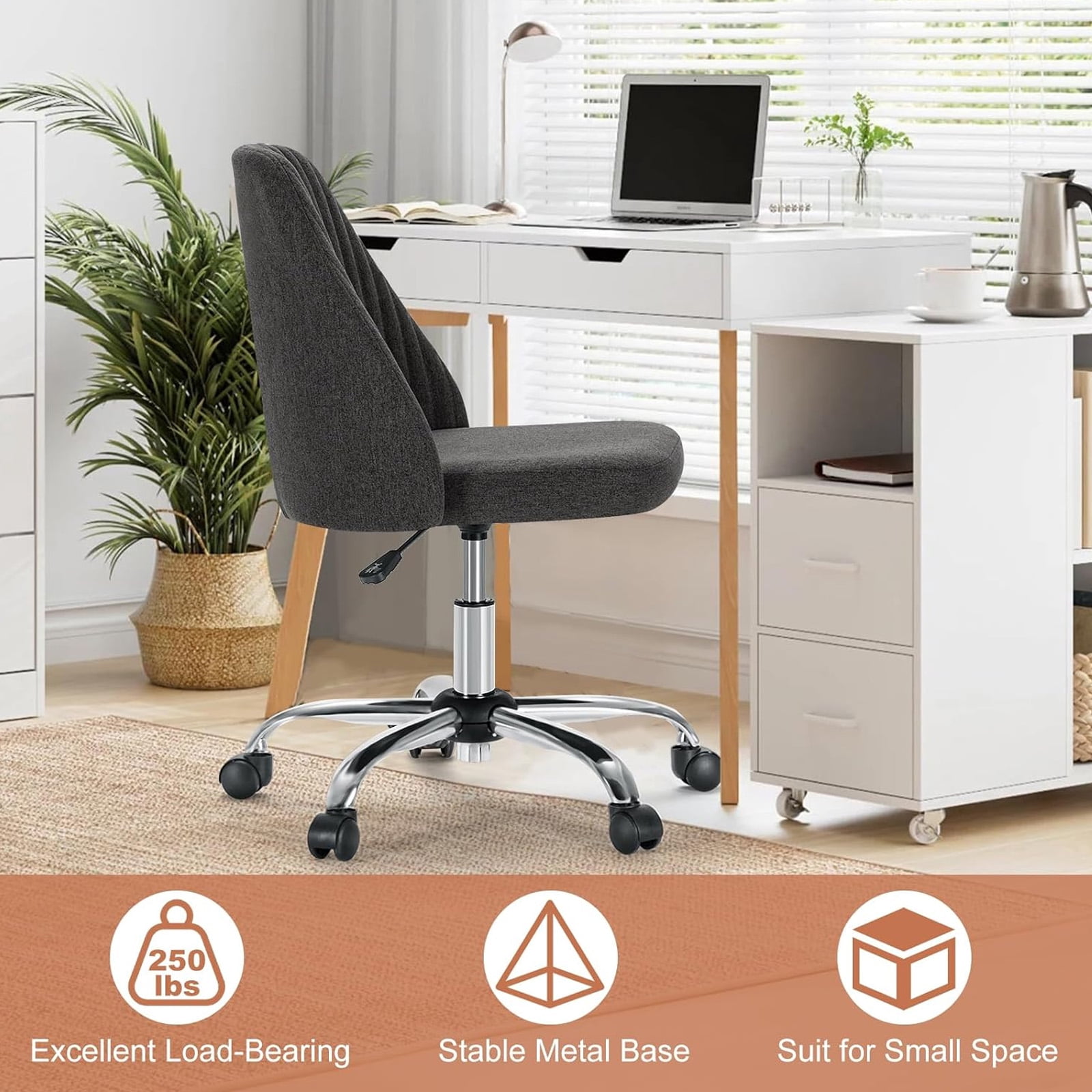 Casabay Armless Office Chair, Extra Cushion Padded Compact Upholstered Desk Chair with Back Support, Rolling Swivel Vanity Chair for Home Office, Dark Gray