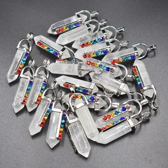 HOOUN 50pcs Natural White Crystal Stone Hexagonal Pointed 7 Color Reiki Chakra Pendant