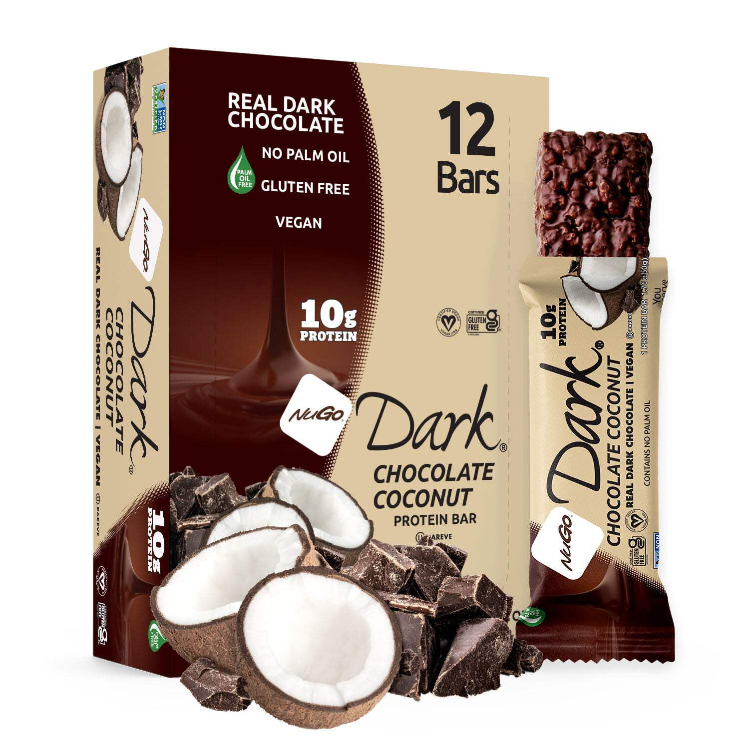 NuGo Dark Chocolate Coconut, 10g Vegan Protein, Gluten Free, 12 Count
