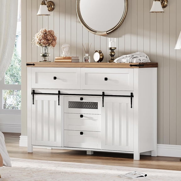 Farmhouse Dresser for Bedroom Rustic Coffee Bar Cabinet TV Stand 47Inch Sideboard Buffet Cabinet with 5 Storage Drawers and 2 Sliding Barn Doors for Living Room Dining Room White