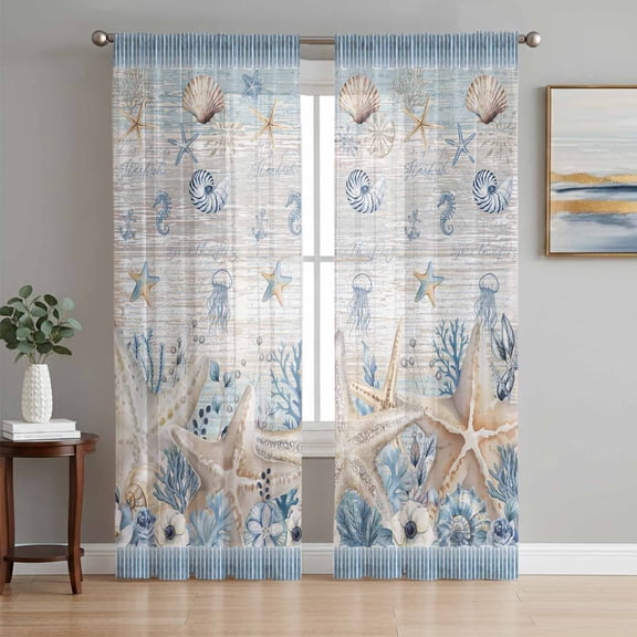 Beige Starfish Coastal Sheer Curtains 84 Inch Length 2 Panels Set, Blue Beach Nautical Coral Shell Vintage Voile Window Treatment Curtains Sheers Drapes for Bedroom/Living Room/Kitchen 52"x84"x2