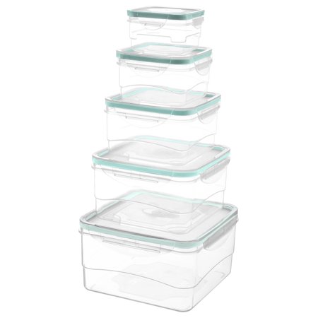 Edge Airtight Nested Plastic Food Storage Containers Lunch Box and Storing, with Lids and Vent, 10 Piece Square, Mint