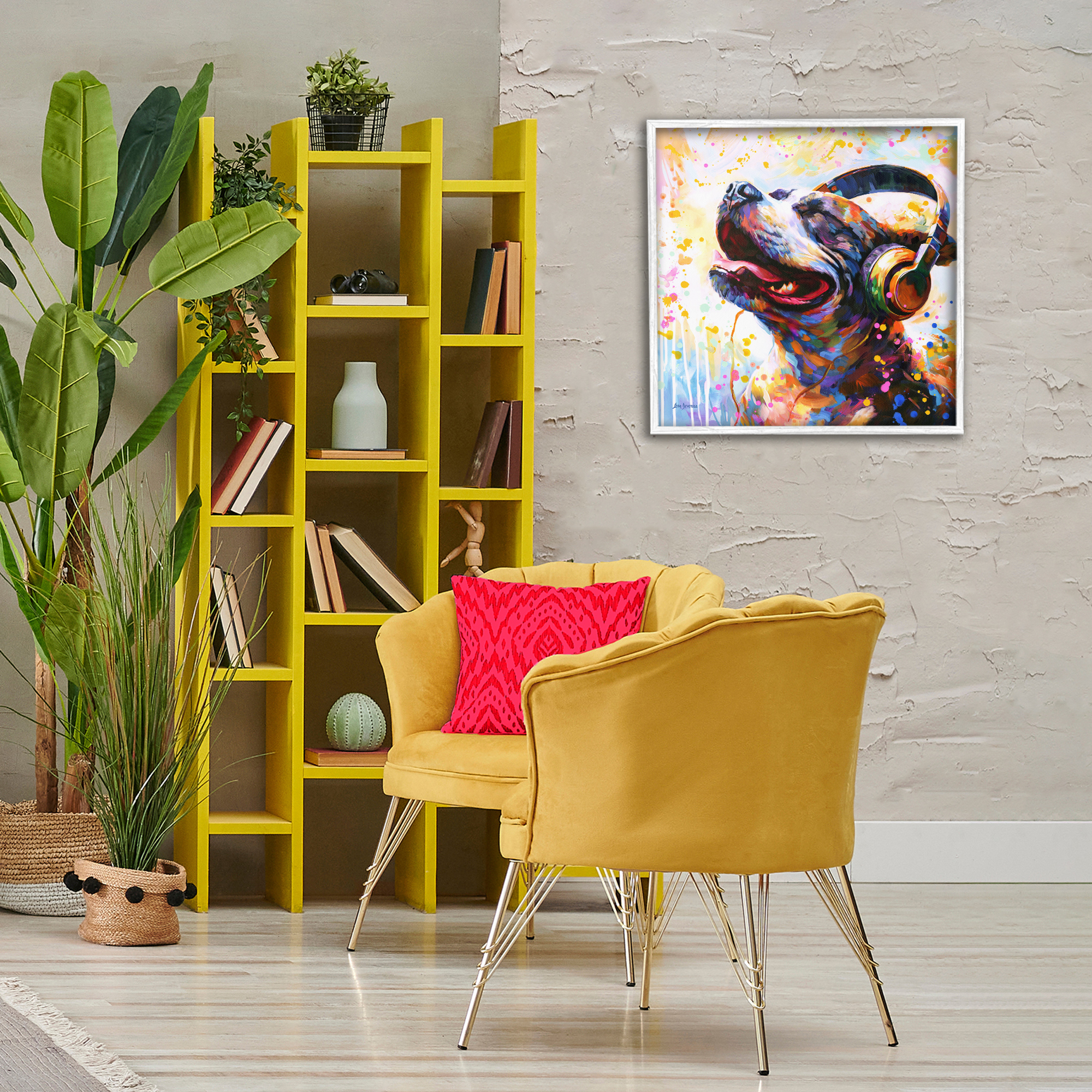 Stupell Industries Happy Dog & Headphones Animals & Insects Painting White Framed Art Print Wall Art, 24 x 24