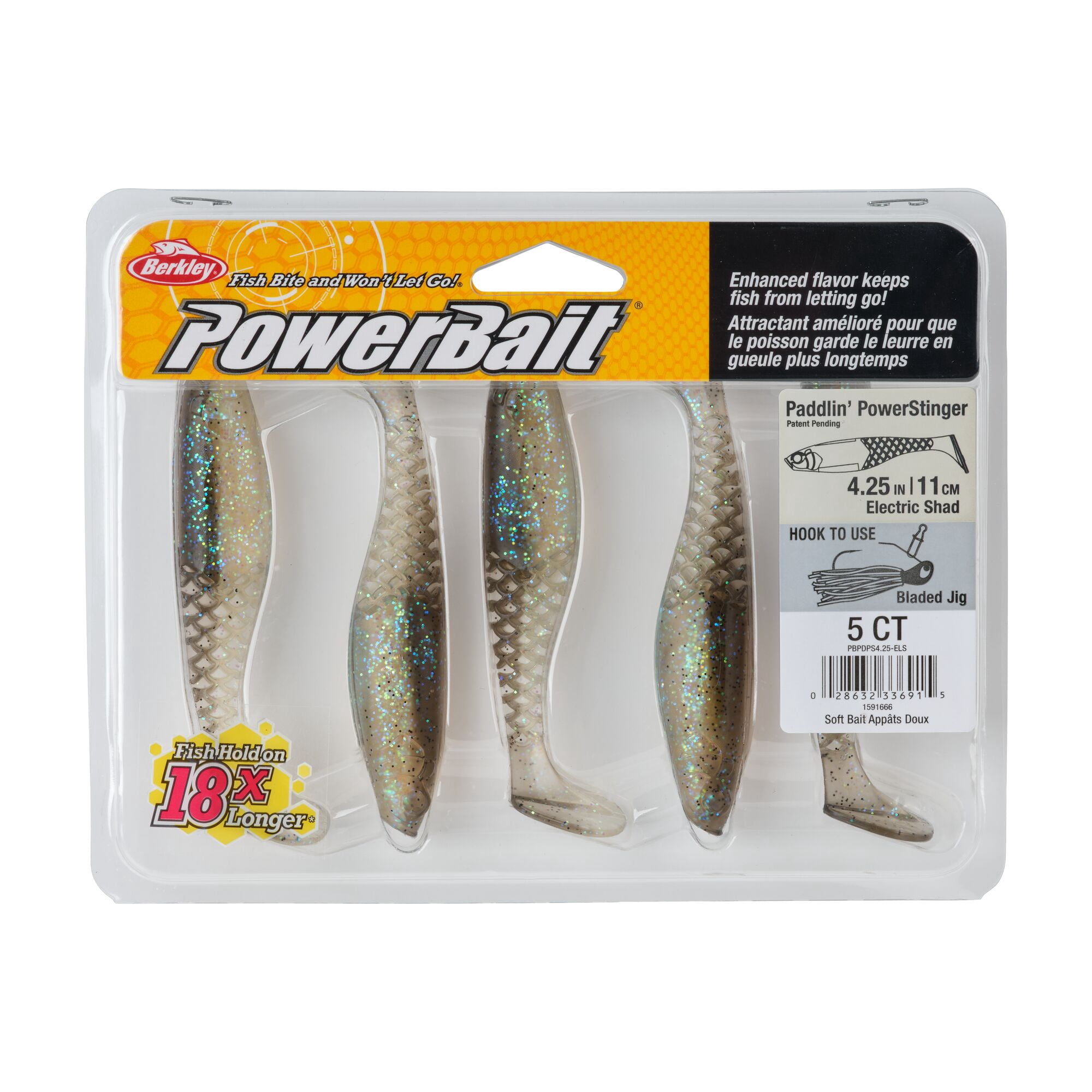 Berkley PowerBait® Paddlin' PowerStinger, 4.25 in, Swimbaits - Paddle Tail, Electric Shad (5 Count)