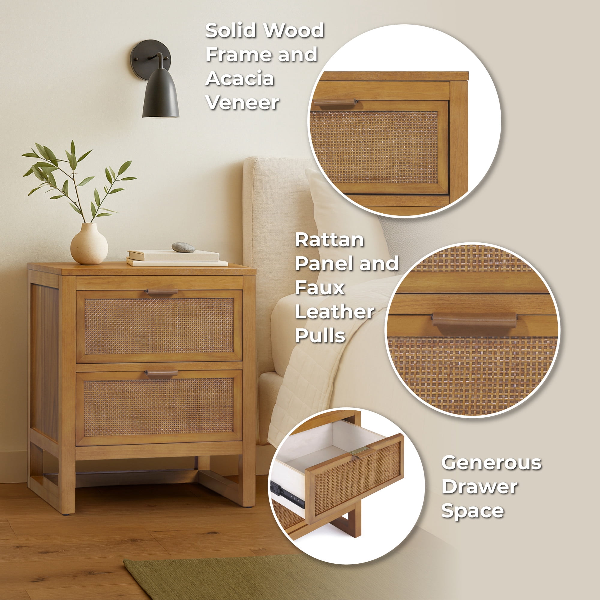 Teamson Home Hatteras Modern 2-Drawer Nightstand with Natural Rattan and Solid Wood Frame