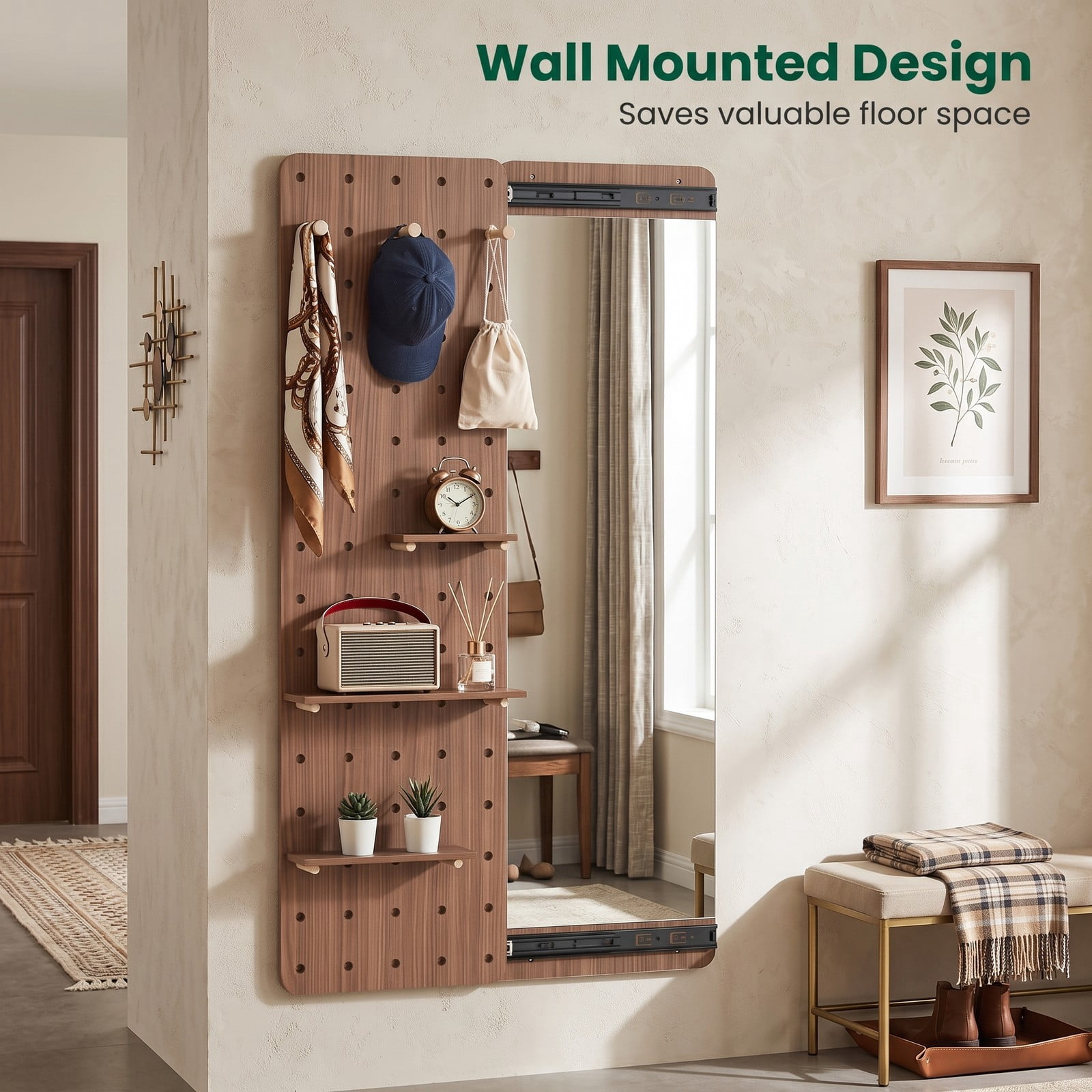 ALPULON Solid Wood Full Length Mirror with Sliding Pegboard, Shelves and 3 Hooks, Wall Mounted HD Floor Mirror for Entryway Bedroom Closet, Brown