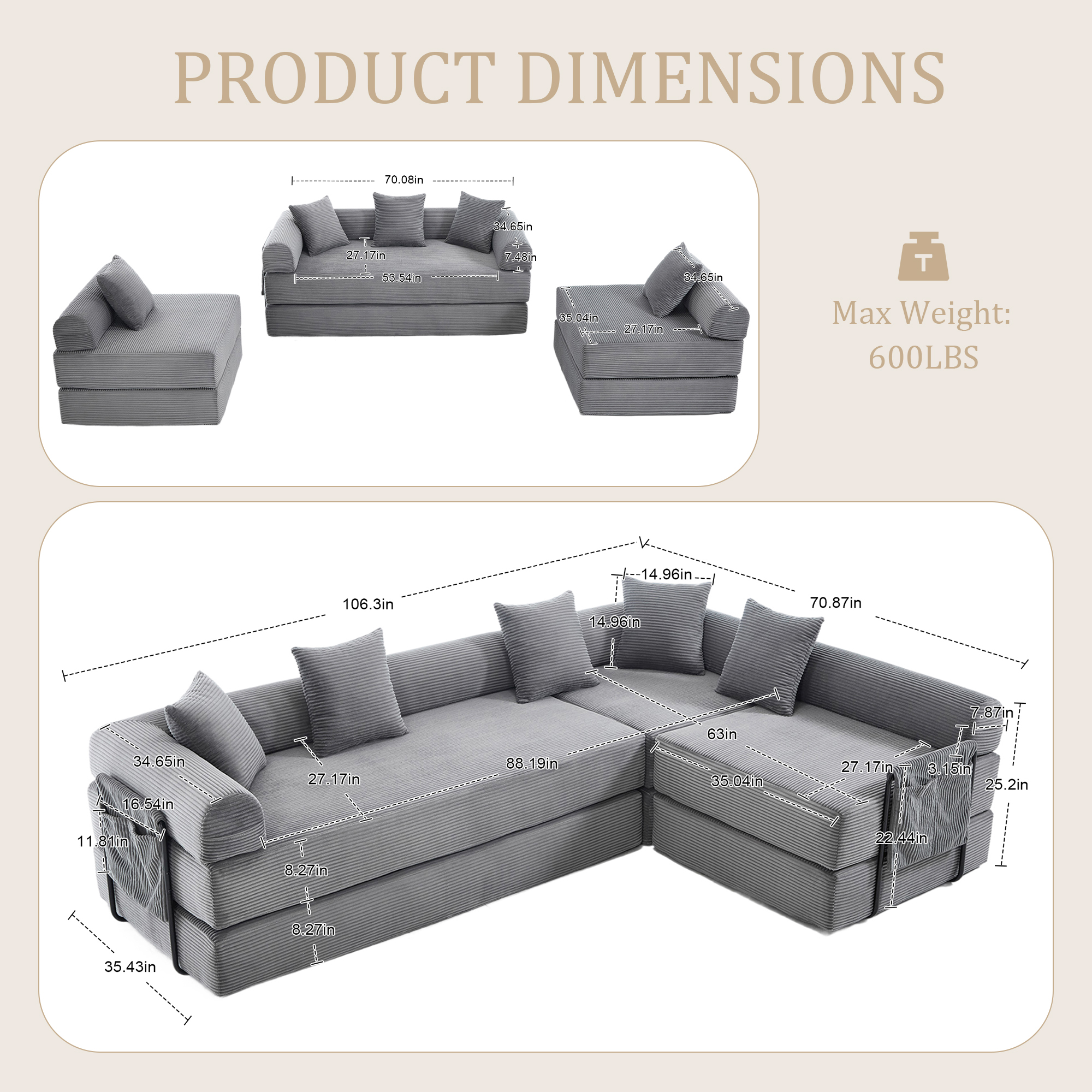 MOONMISS Corduroy Upholstered Convertible Folding Sofa Bed with Fixed Frame and Pillow Back Handrail-Gray