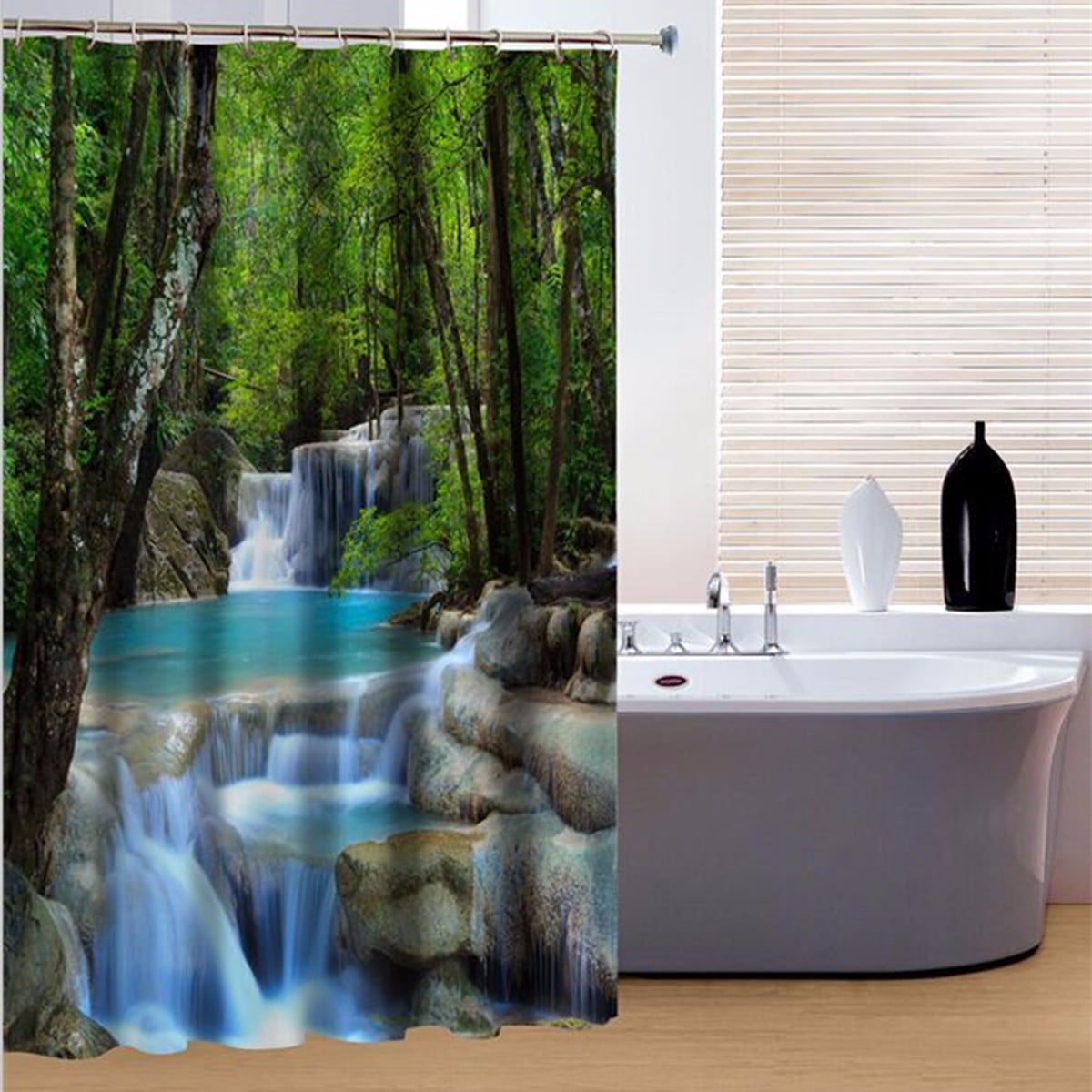 Waterproof Bathroom Shower Curtain Forest Waterfall Rocks Pattern with 12 H...