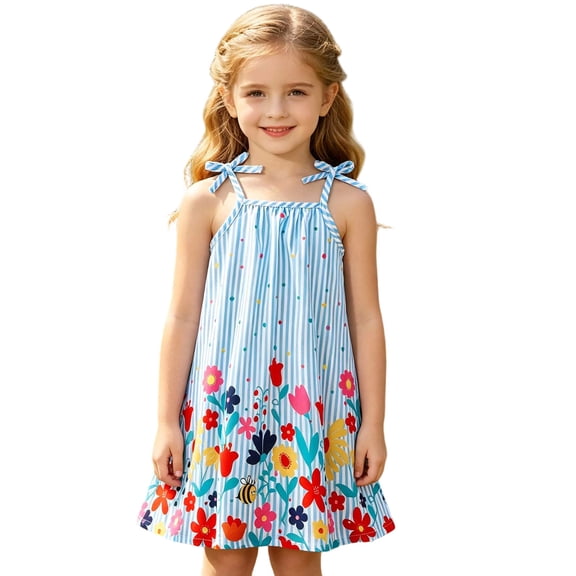Letdown Toddler Girl Princess Dress Bow Tie Spaghetti Straps Smocked Summer Outfit Birthday Party A-Line Clothes