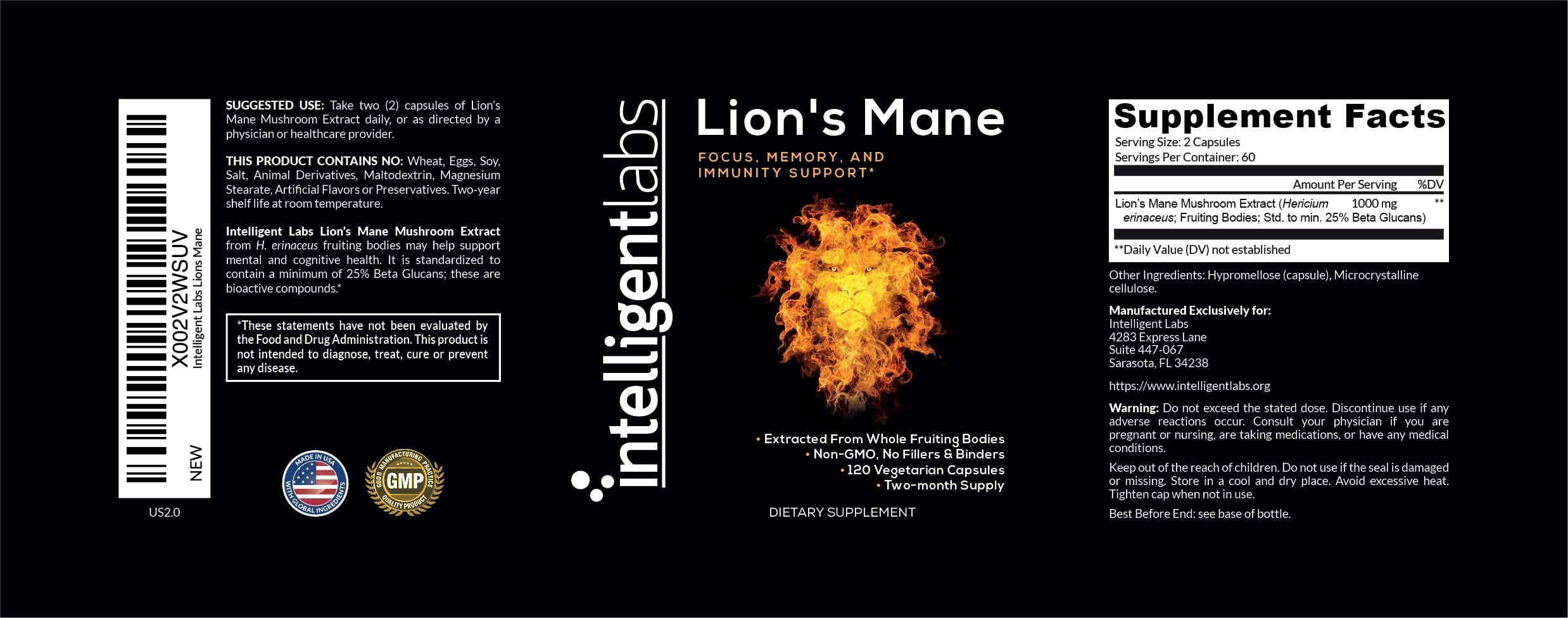 Intelligent Labs Lion's Mane Mushroom Extract 1,000mg | 100% Fruiting Body | 25% Beta-Glucans Nootropic | 120 Capsules (60-days Supply)