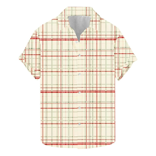 Camisas de Manga Corta de los Hombres Comprobar la Impresión Botón Casual Turndown Collar Blusa, Poliéster Spandex para la Fiesta Diaria Y la Playa