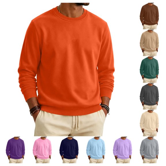 Fleece Crewneck Sweatshirt Men Fashion Casual Long Sleeve Sweat Shirt Fall Winter Thermal Comfy Solid Color Sweatshirt Saffron XL
