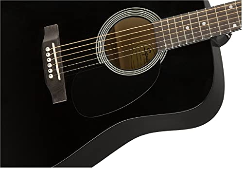 Fender Squier Dreadnought Acoustic Guitar with Gig Bag, Tuner, Strap, Strings, Picks, Instructional Book, DVD and Austin Bazaar, Black