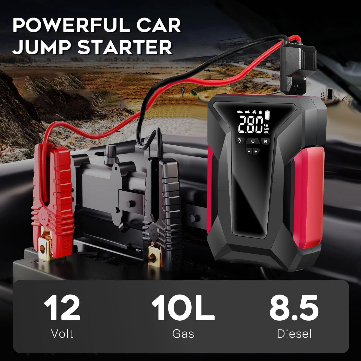 XEENSO Car Jump Starter, 4000A Peak Car Battery Charger with Air Compressor, 12V Jump Box for Car Battery with Emergency LED Light, Power Bank, Leather Storage Bag