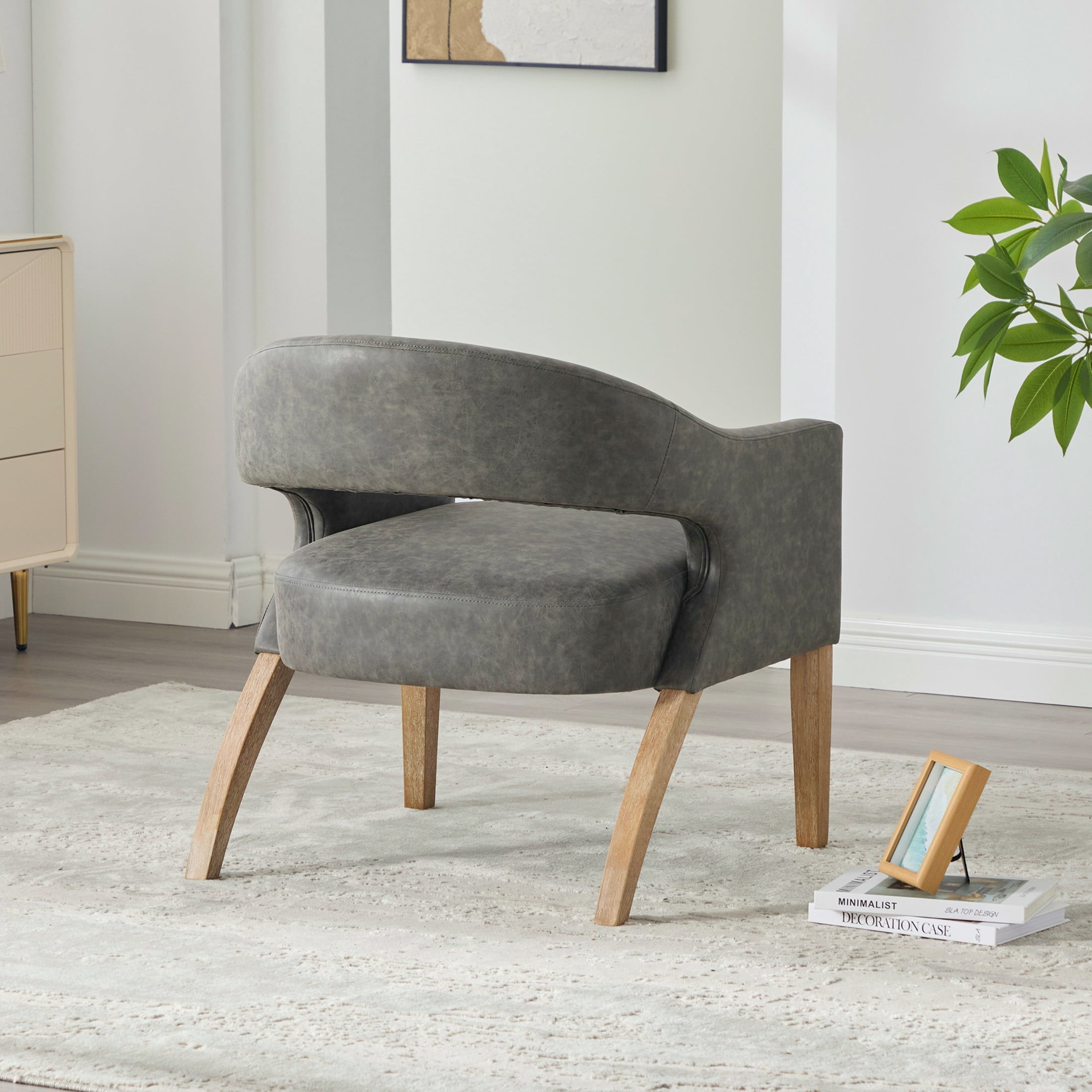 Noble House Holland PU Upholstered Accent Armchair, Mid-Century Barrel Dining Chair with Rubberwood Legs, Gray