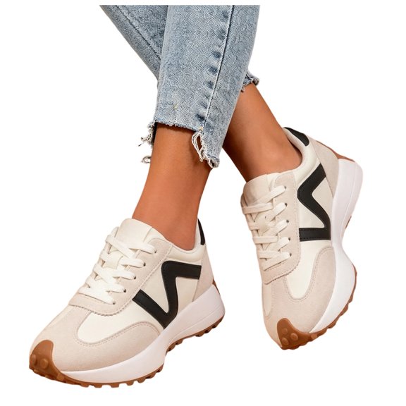Rokment Women's Retro Color Block Fashion Sneakers Comfortable Casual Leather Lace up Running Tennis Shoes Non Slip Skate Trainners for Fall Spring