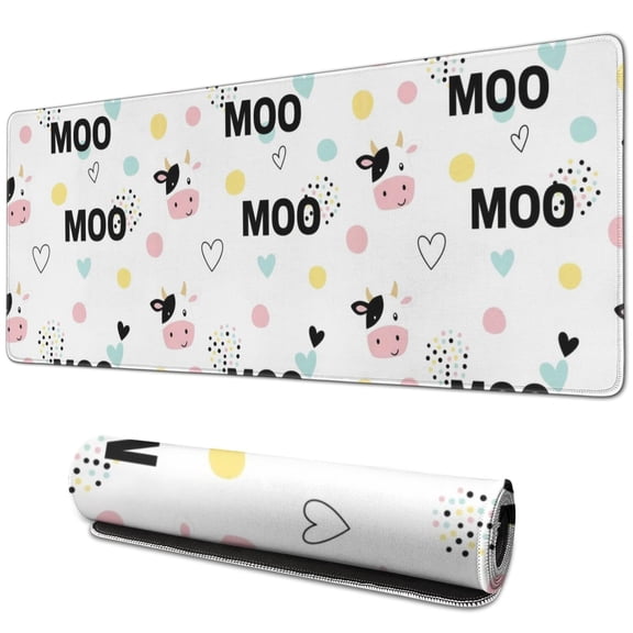 Long Mouse Pads for Desk,White Cow Moo Pattern Desk Mats on Top Of Desks, Desk Mouse Pad Extra Large with 3mm Non-Slip Base and Stitched Edge for Gaming,Office,Work,Home 31.5"x11.8"