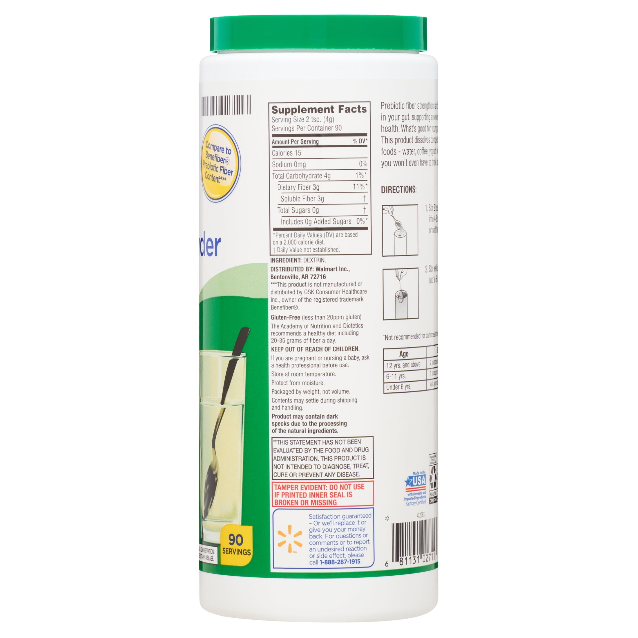 Equate Clear Soluble Fiber Powder 12.7 oz, Flavor-Free, Compare to Benefiber Prebiotic Fiber