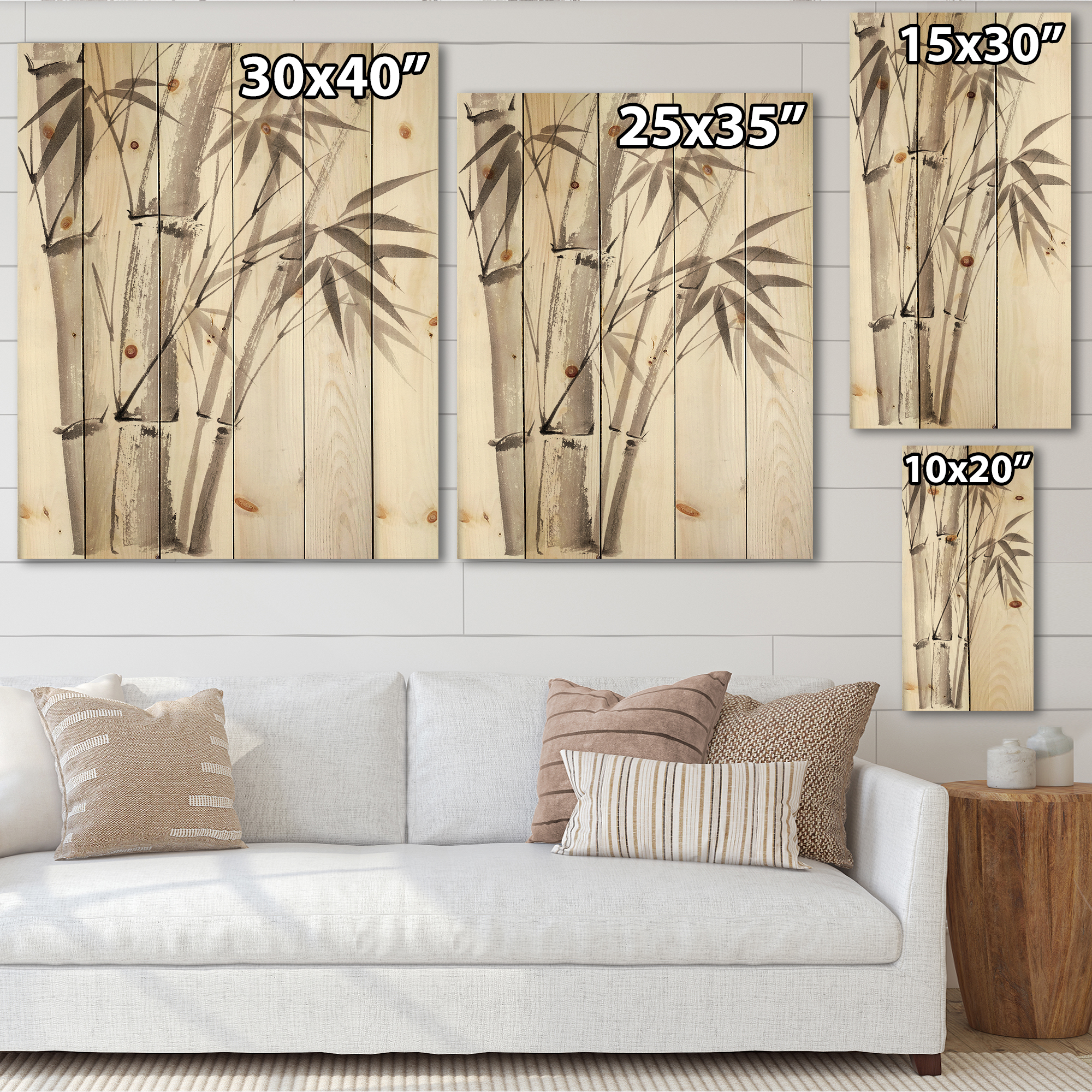 Designart 'Palm Bamboo Detail On White III' Traditional Print on Natural Pine Wood
