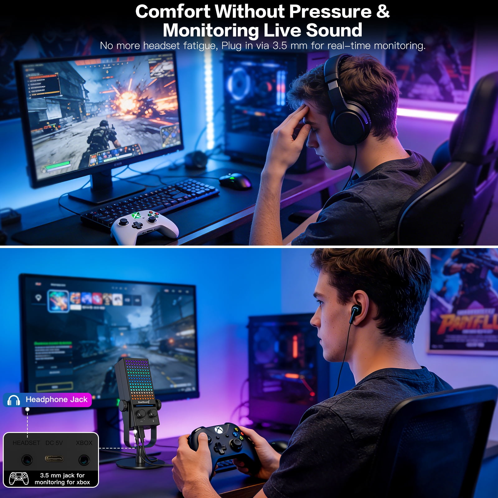 ZealSound Gaming Microphone for Xbox, PC & Mac, Noise Cancellation Streaming Mic with One Tap Mute, RGB Lighting, Monitoring, Gain Control, Condenser Mic for iPhone, Computer, Podcast, Gamer, YouTube