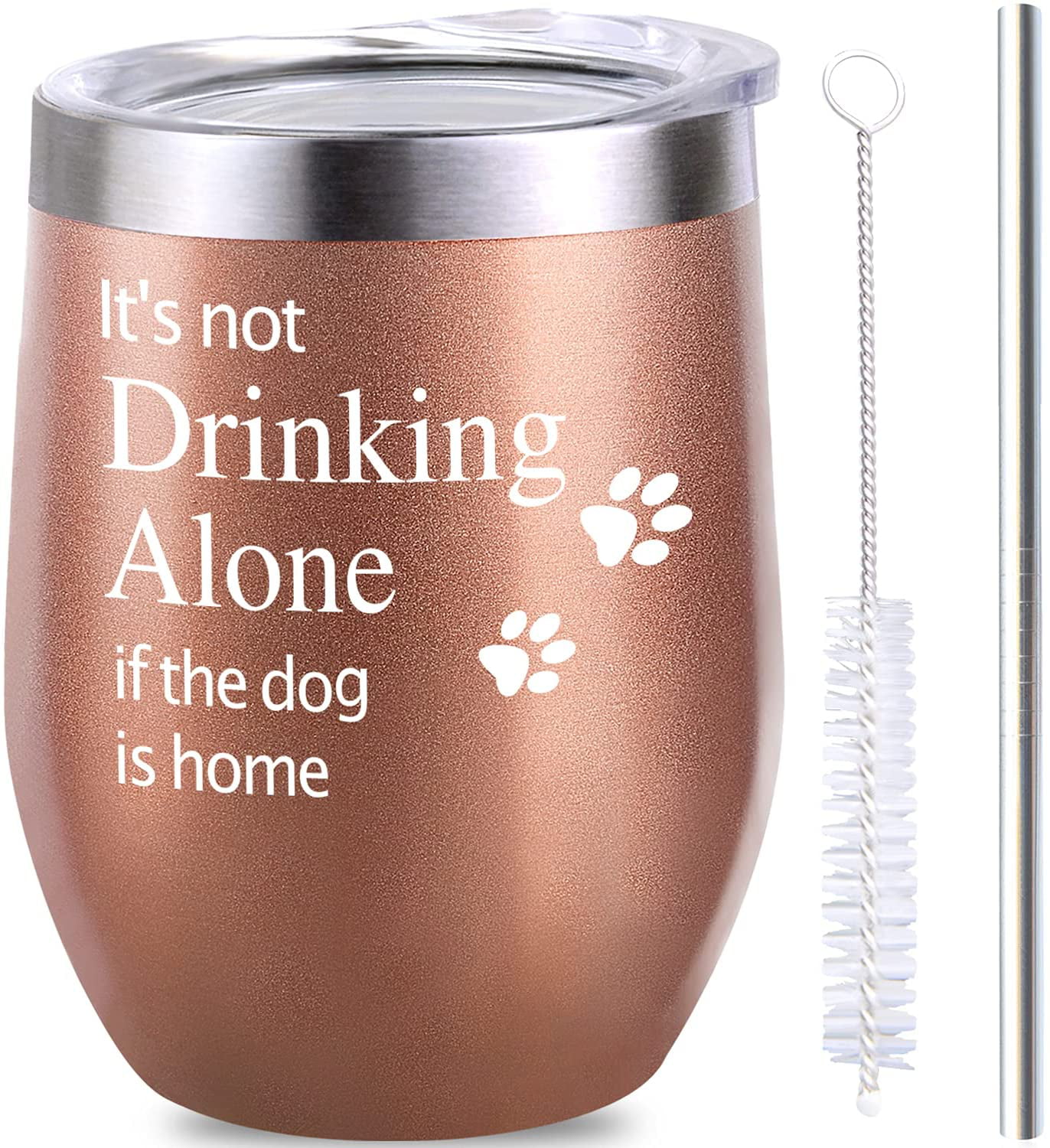 12 OZ Stemless Tumbler glass With Lid and brush It's not Drinking Alone if the dog is home drinking straw Funny Tumbler Glass Gift For Dog Lover Women Men Her Him Mom Dad Birthday Teacher