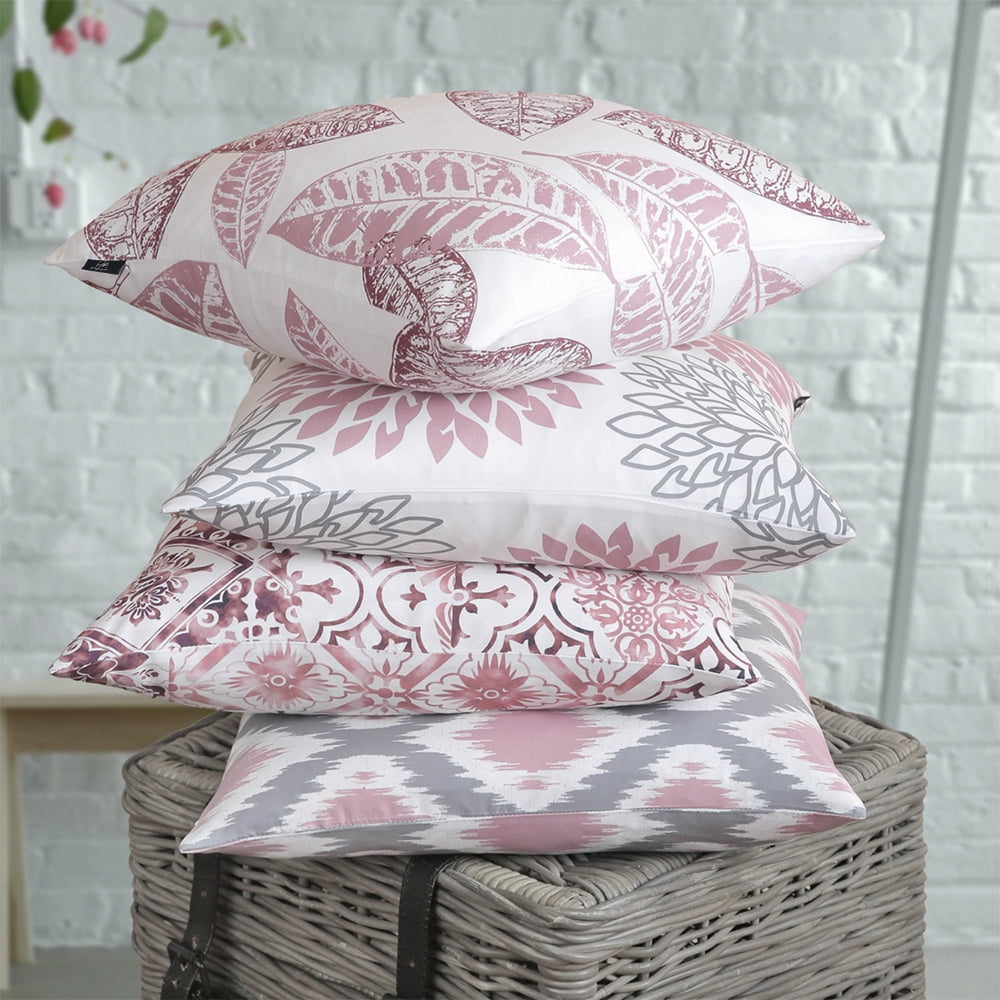 Phantoscope New Living Series Duplex Printing Decorative Throw Pillow Covers, 18" x 18", Pink and Gray, Set of 4