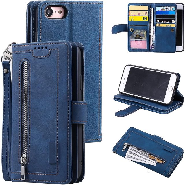 Funda tipo cartera para iPhone 6 iPhone 6s, 9 ranuras para tarjetas, bolsillo con cremallera, funda de piel sintética, color azul