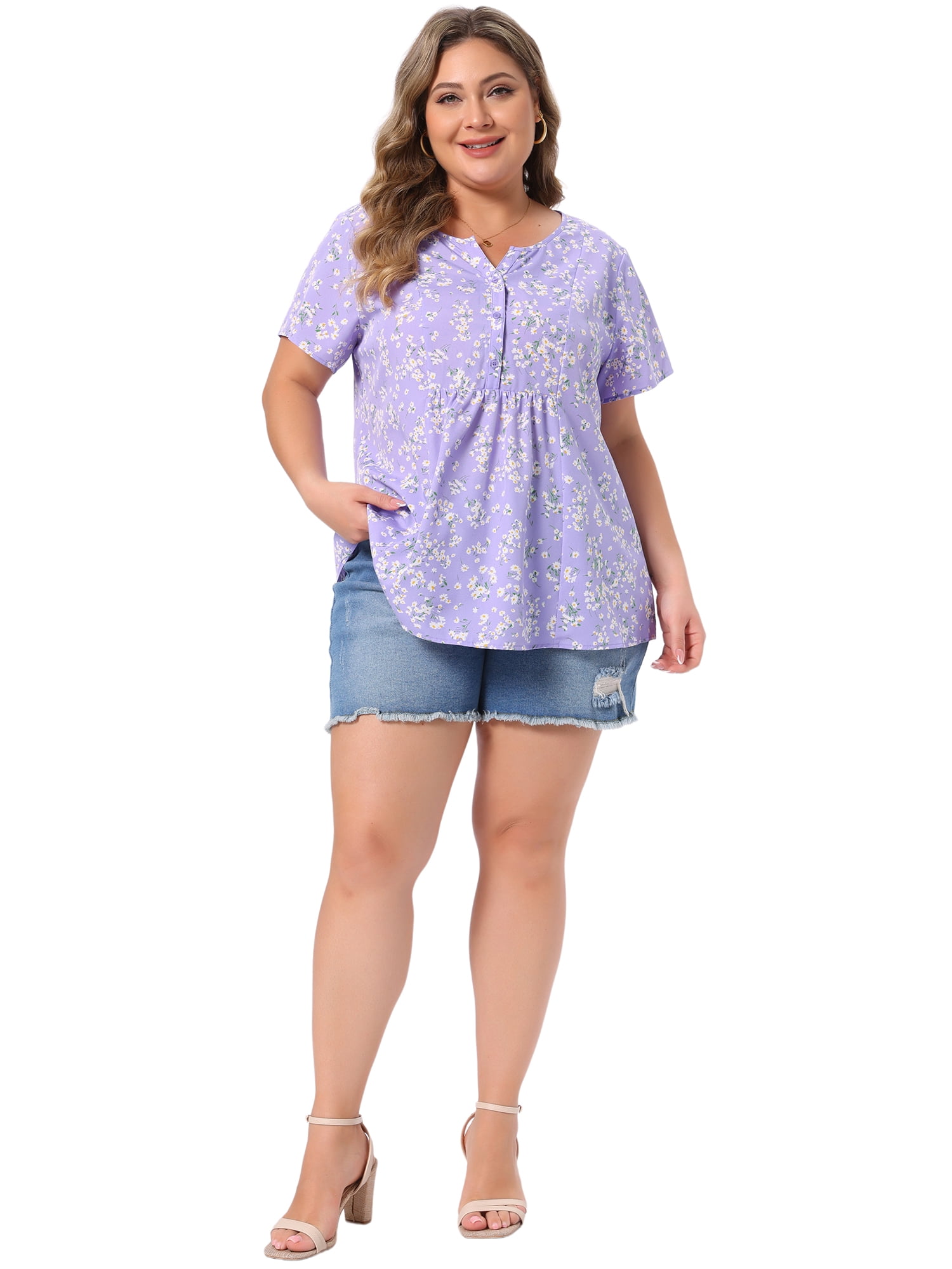 DARING DIVA Women's Plus Size Floral Half Placket Short Sleeve Blouses 2X Light Purple