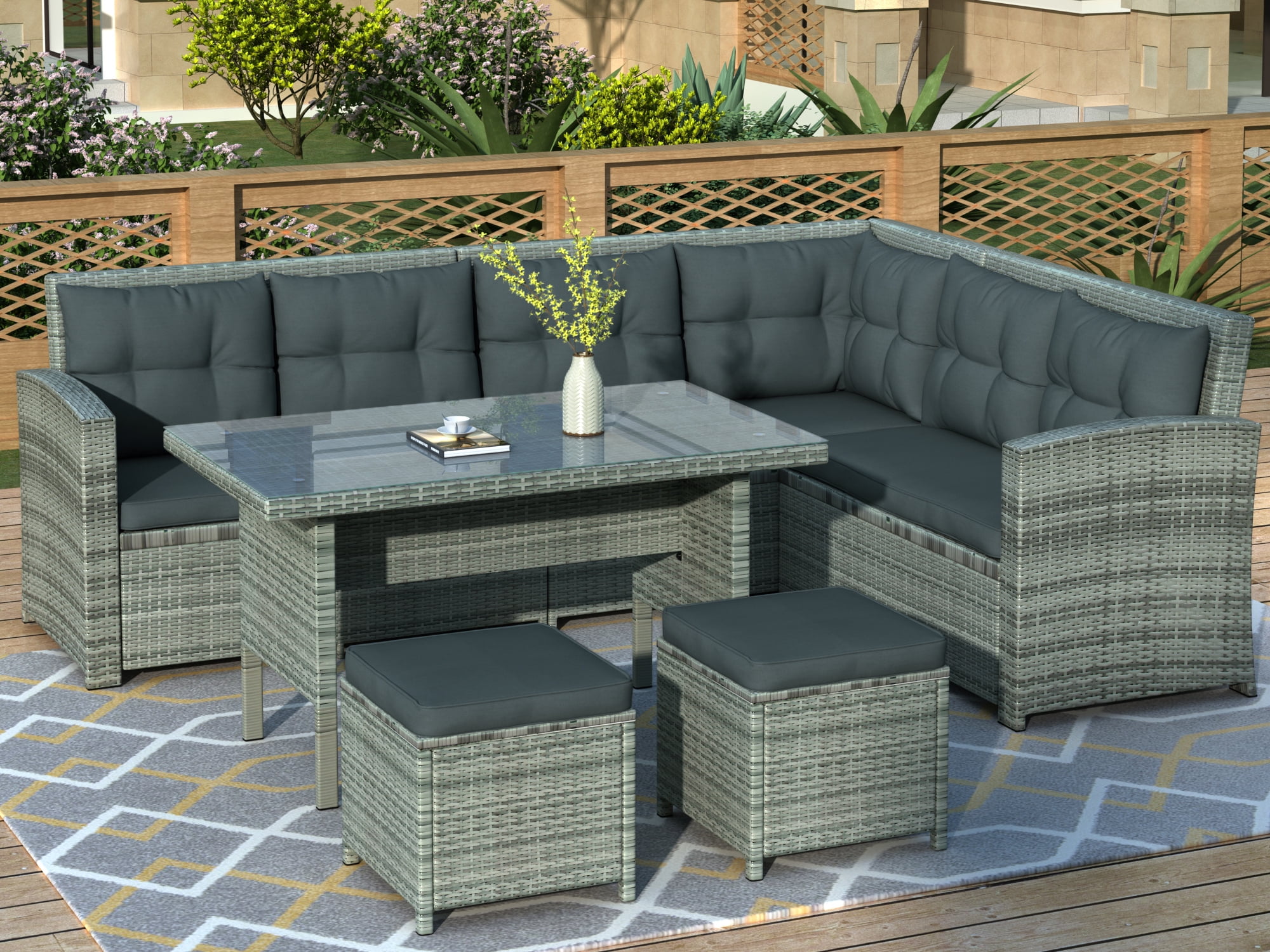Garden Patio Furniture Sets Rattan Corner Sofa with Glass Coffee Table Bench Set 