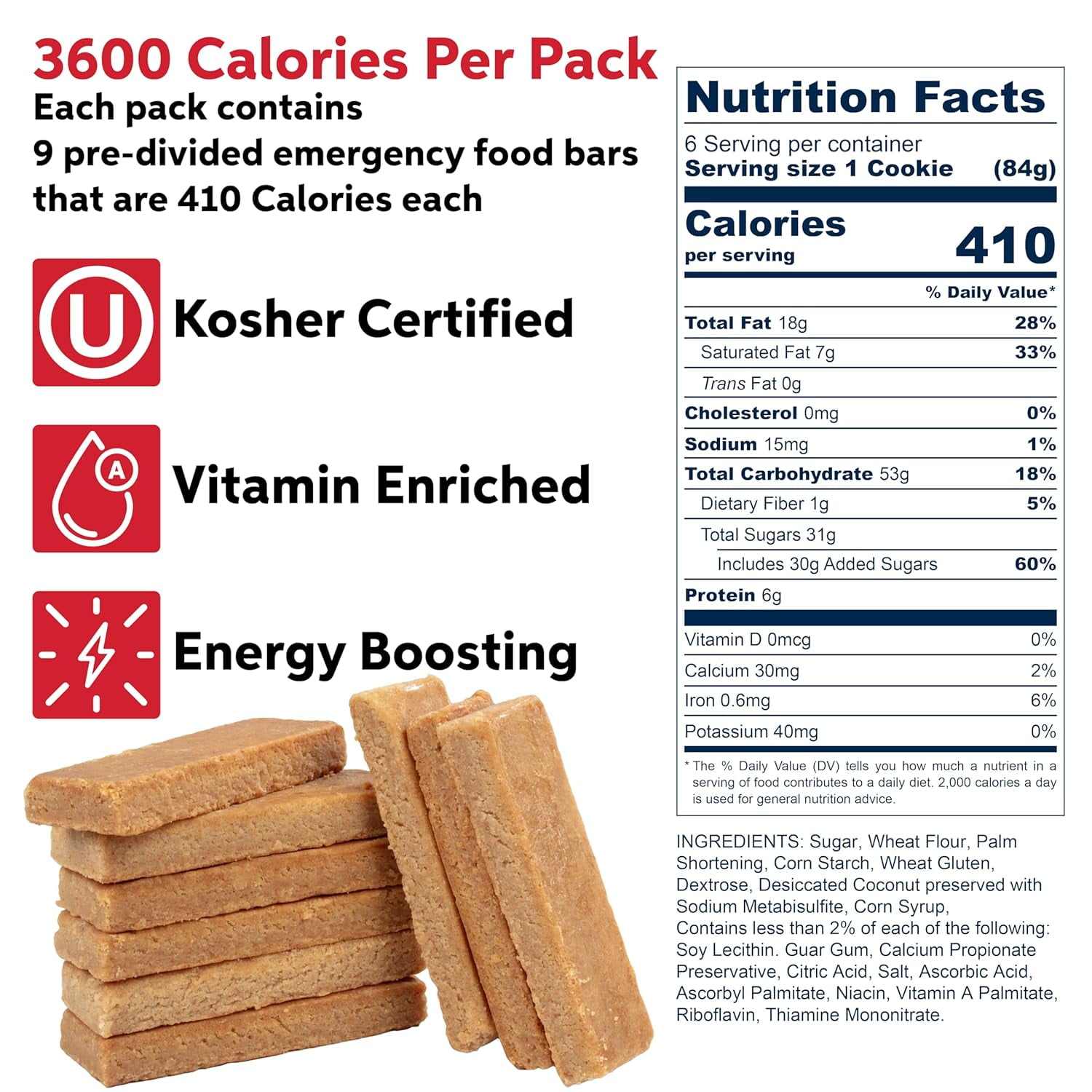 SOS Food Lab Emergency Food Bar - 3600 Calorie Ration (4 Pack Shortbread Cookie) - 3 Day/72 Hour Ready to Eat Supply for Camping, Hiking, Disaster Preparedness - 5 Year Shelf Life Energy Food