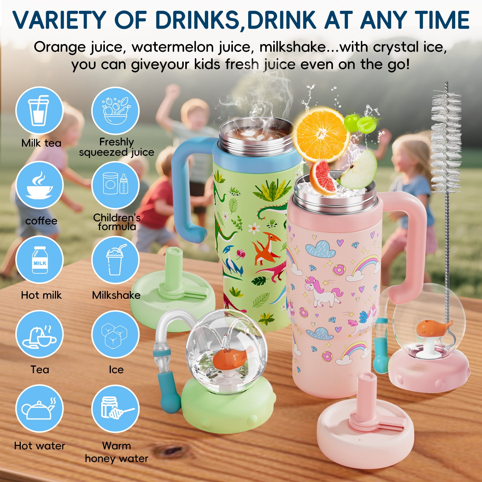Comobebe 24 oz Insulated Whale Fountain Sippy Cup, 316 Stainless Steel Leak-Proof with 2 Lids, Fits Car Cup Holders, Green Dinosaur for Kids Teens Adults (Orange little bear)