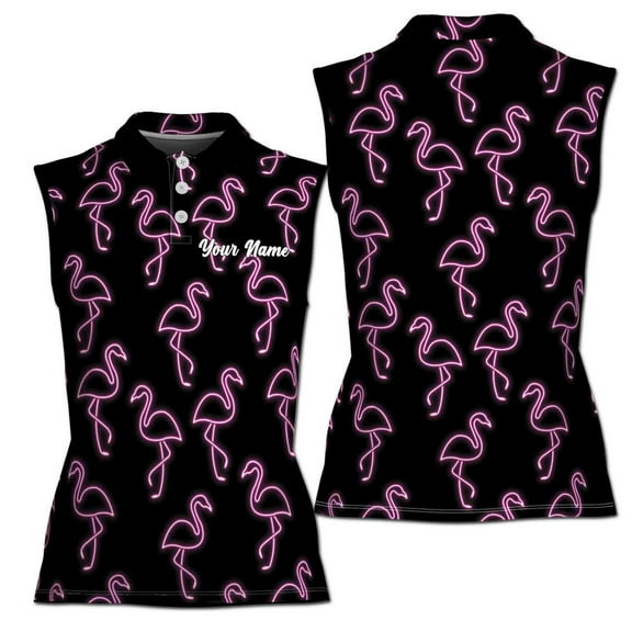 Black Neon Pink Flamingos Pattern Custom Name Women Sleeveless Polo XS-4XL