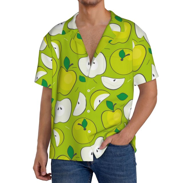 Fotbe Green Apple Camisa Estampada de Manga Corta para Hombre, Casual de Verano, Estilo Playero, Sin Arrugas-Medium