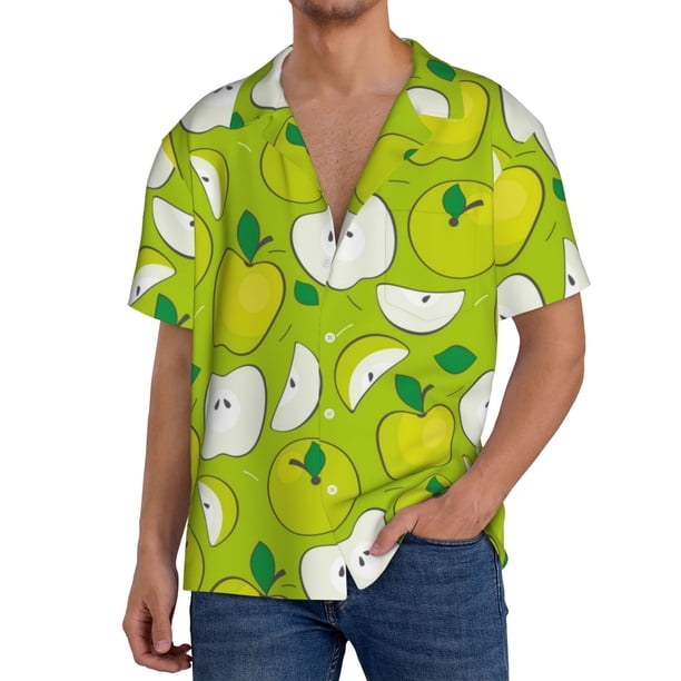 Balery Green Apple Camisa Casual de Manga Corta con Botones para Hombre, Texturizada, Estilo Cubano, para Playa, Verano-Small