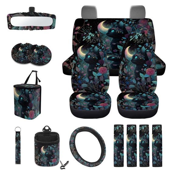 FOR U DESIGNS Cat Floral Moon Print 15 PCS Car Front Back Seat Covers Full Set, Steering Wheel Cover Seatbelt Strap Pad Trash Cans Rear View Mirror Cover Air Vent Storage Bag Coasters Keychain