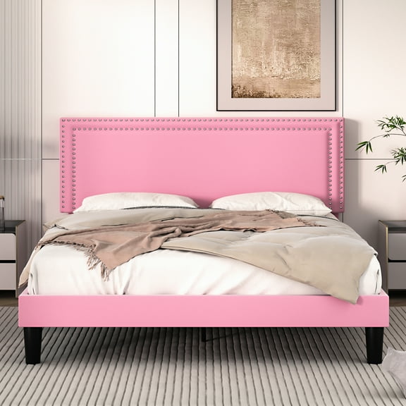 VECELO Queen Size Platform Bed Frame with Adjustable Height Upholstered Headboard, Strong Wood Slat Support, No Box Spring Needed, Pink