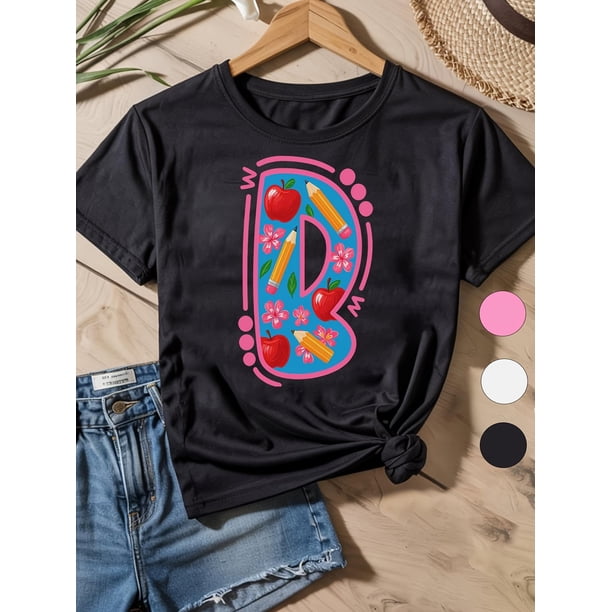 Girls' Graphic T-Shirt - Soft Cotton Loose Fit Tee with Letter 'B', Pink, for Back to School outfits, everyday Summer Wear - Girls' Casual Top, Playful Design, Vibrant Print Shirt, Machine Washable