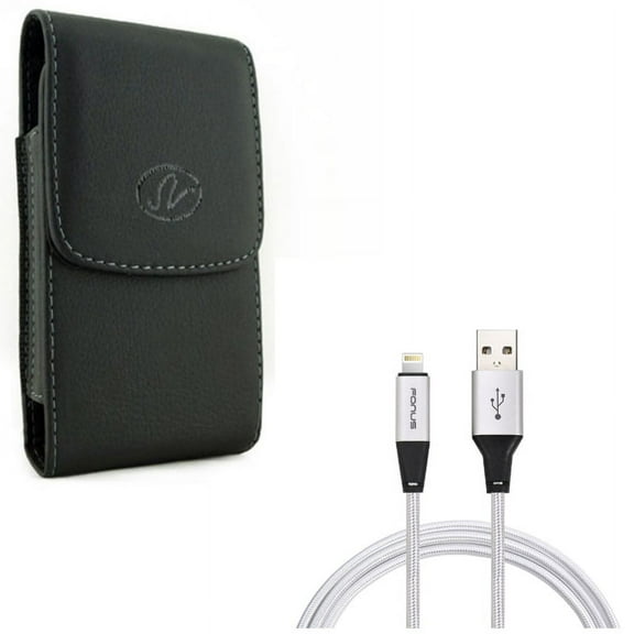 Charger Cord 10ft USB Cable w Leather Case Belt Clip for #model_series - Power Wire Braided Long Sync and Holster Cover Pouch Vertical Carry
