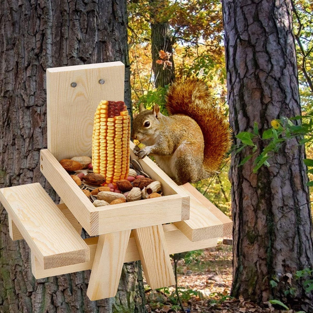 or Fence Mount Idea Outside Squirrel and Chipmunk Feeder with Corn Cob Holder Made in USA with Premium Cedar Wood| Entertaining for Tree Collins Woodworks Squirrel Picnic Table Feeder Deck 