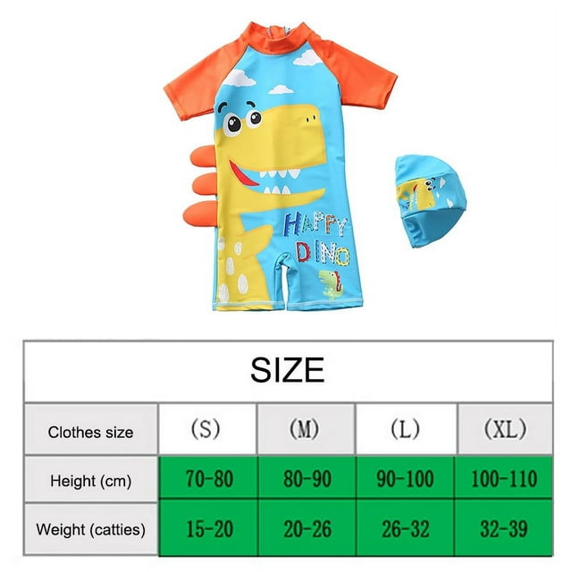Traje de baño de una pieza de manga corta con protección solar para playa, aguas termales, traje de baño con sombrero para niño pequeño, dinosaurio azul y blanco, M (80-90 cm, 10-13 kg)