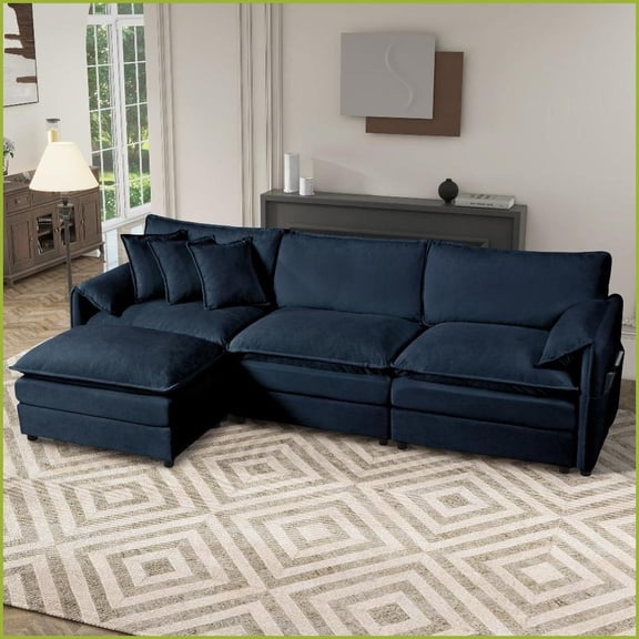 Modular L-Shaped Sectional Sofa – Oversized Deep Seat 4-Seater with Movable Ottoman, Chenille Upholstery for Living Room | Blue | Chenille | Cushion Back