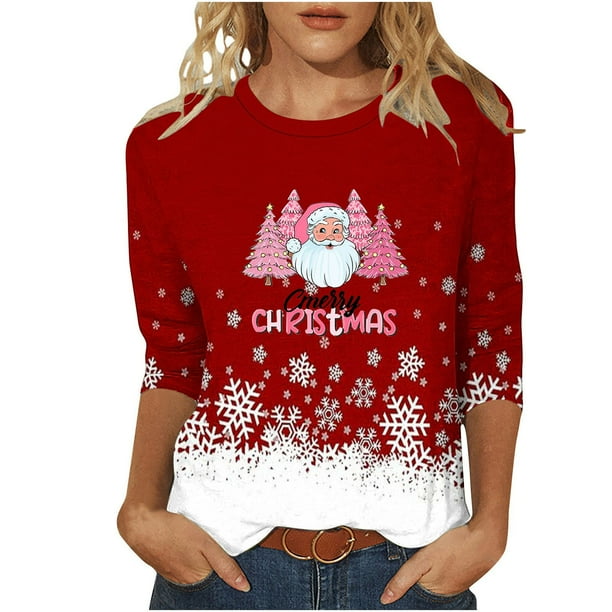 Camisetas de Navidad para Mujeres, 3/4 Manga Cuello Redondo Blusa con Estampado de Vacaciones, Top de Moda Casual