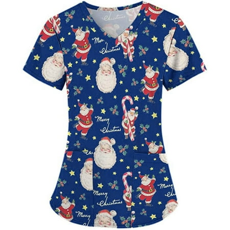 

Tarmeek Women Christmas Shirts Mock Wrap Scrub Tops Holiday Christmas Snowflake Santa Print V Neck Shirt Uniform Workwear Blouse