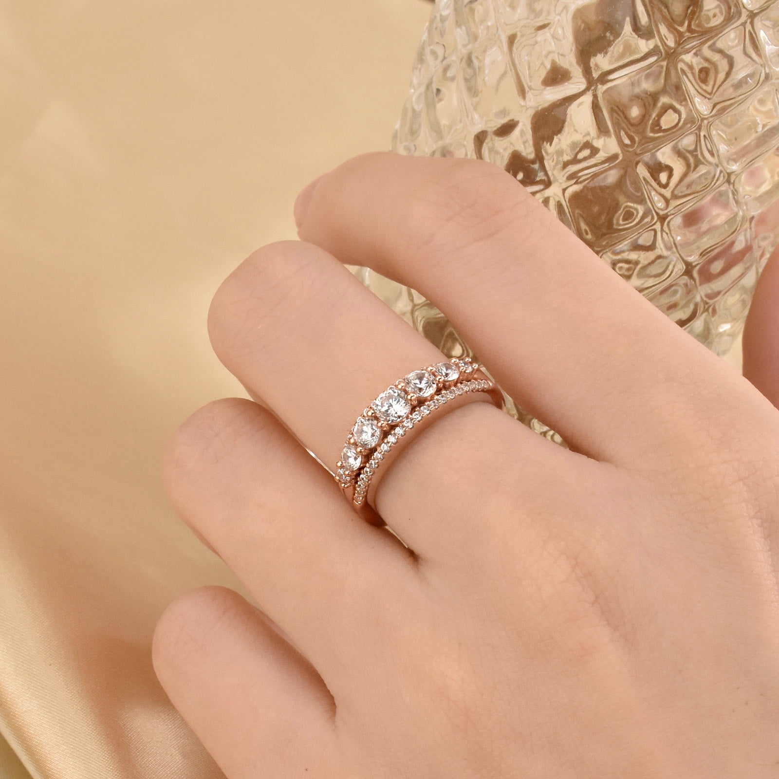 Newshe Jewellery Wedding Bands for Women 925 Sterling Silver Eternity Ring Round 18K Rose Gold Plated CZ Size 6.5