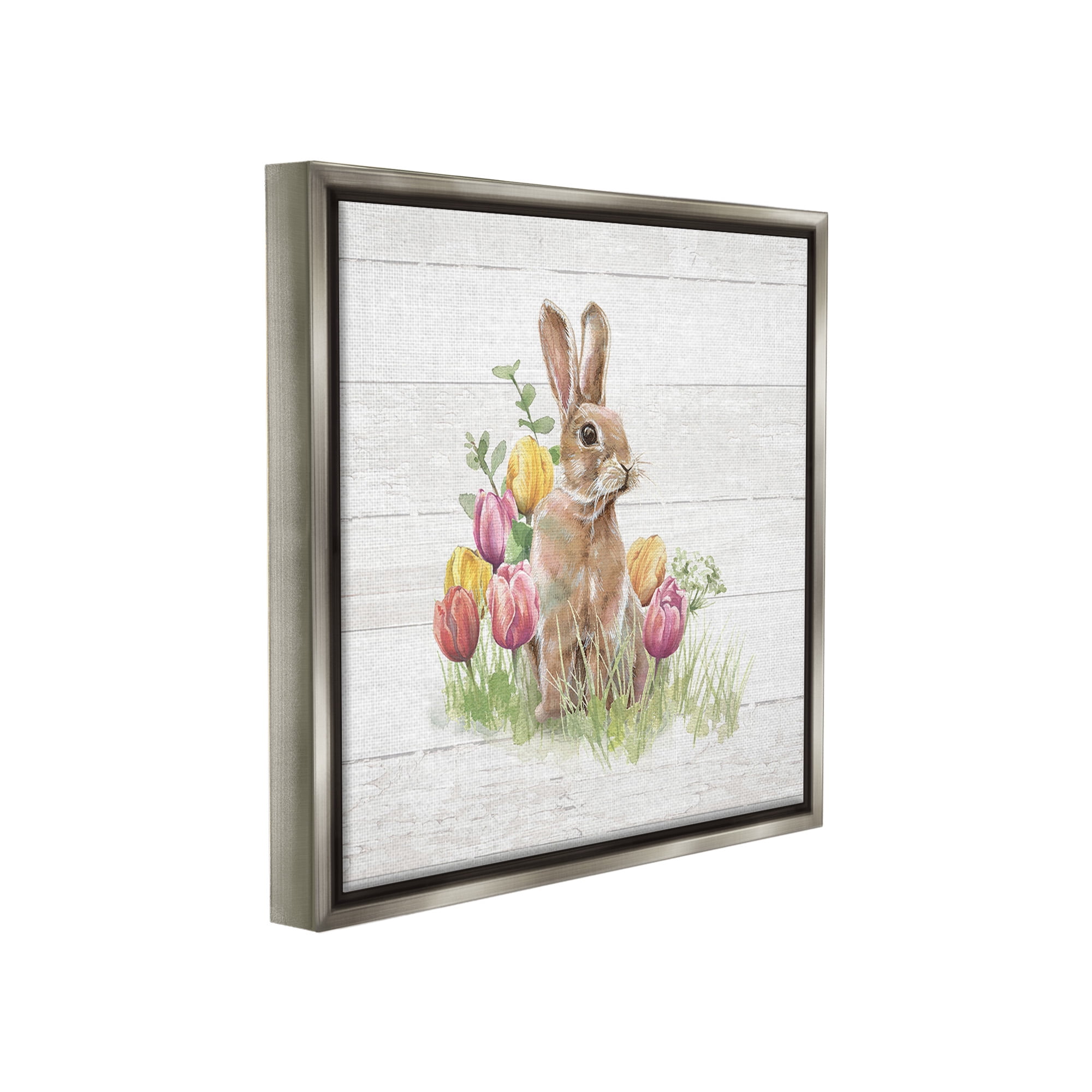 Stupell Industries Bunny & Spring Tulips Animals & Insects Painting Gray Floater Framed Canvas Art Print Wall Art, 25 x 25