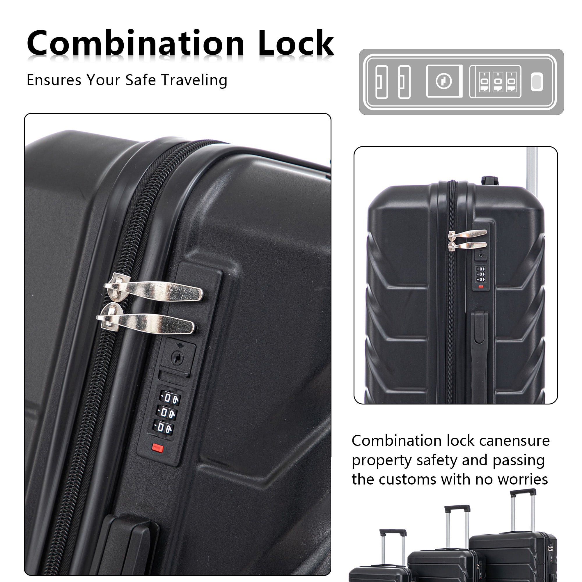 PAPROOS 3 Piece Luggage Set, ABS Carry-on Luggage Set with Spinner Wheels and TSA Lock, Lightweight Hardside Luggage, 20/24/28 Inch Rolling Suitcase Set for Travel Business Trip, Black