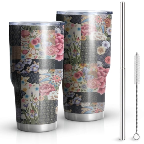 30oz Pioneer Flower Floral Print Pattern Tumblers Stainless Steel Tumbler with Lid and Straw,Vacuum Insulated Double Wall Travel Tumbler Cups Mug with Cleaning Brush for Coffee,Tea